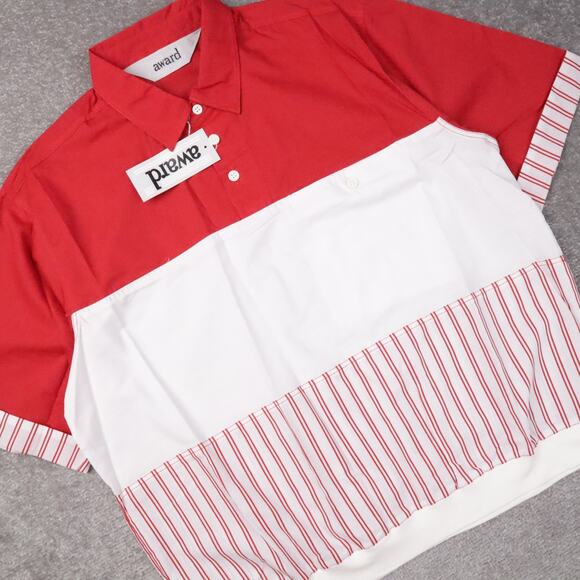 VTG 80s 90s Award Deadstock Large Red White Striped Short Sleeve Collared Shirt - Picture 8 of 9